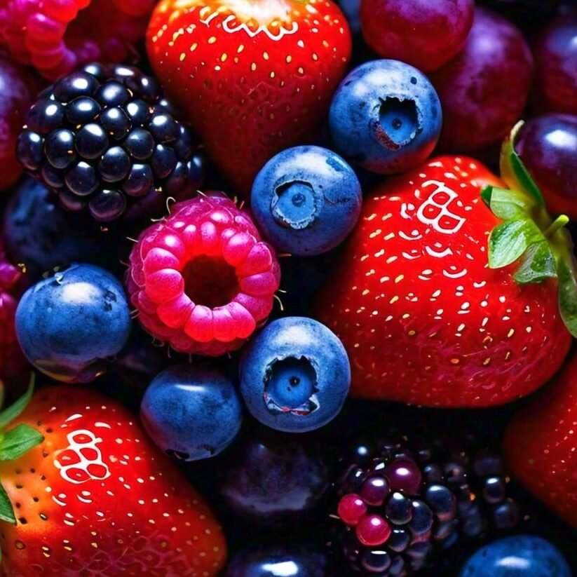 Mixed berries in a bowl with a refreshing berry smoothie