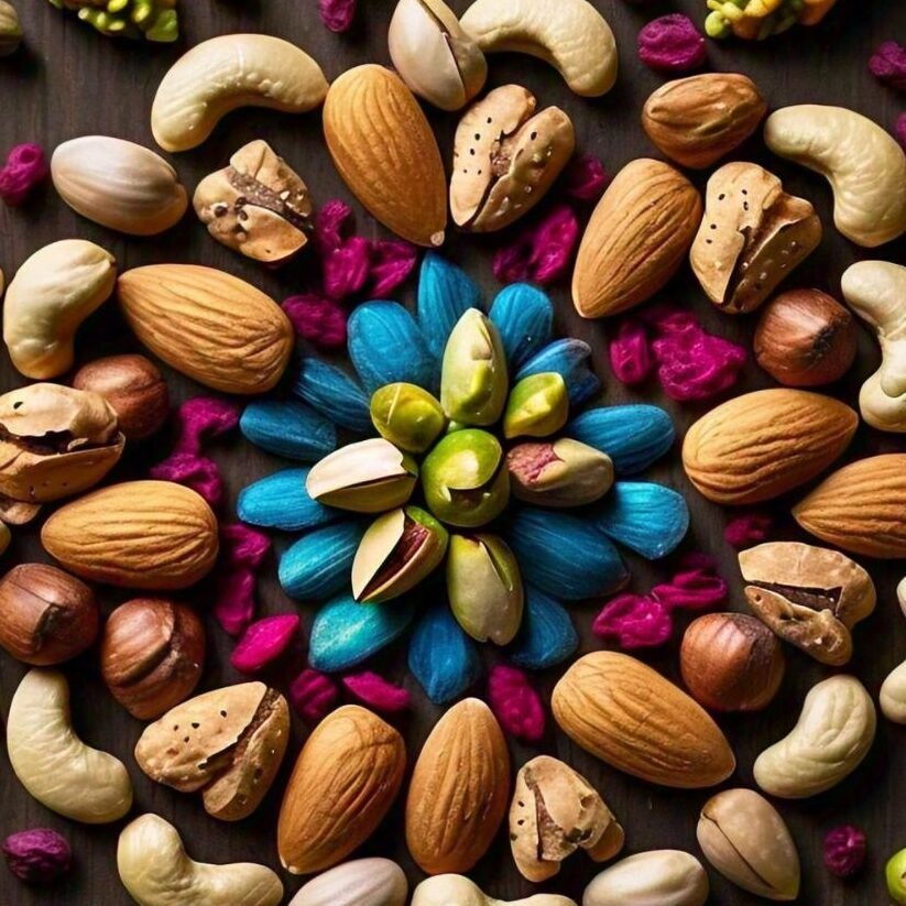 Assorted nuts and seeds in bowls, including almonds, chia seeds, and flaxseeds