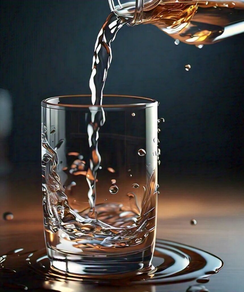 photo of a refreshing glass of water being poured from a clear bottle