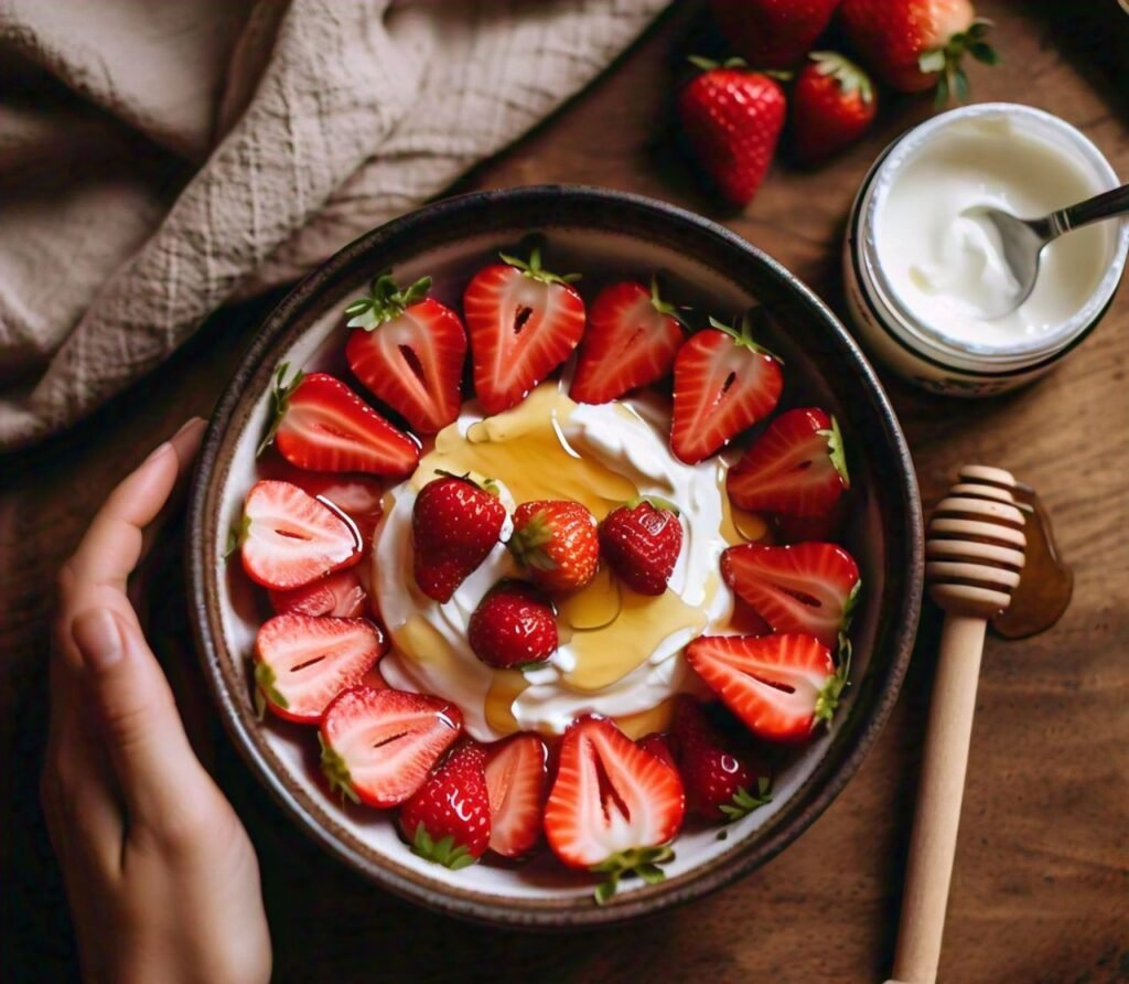 Strawberries, yogurt, and honey mixed for a natural exfoliating DIY face mask.