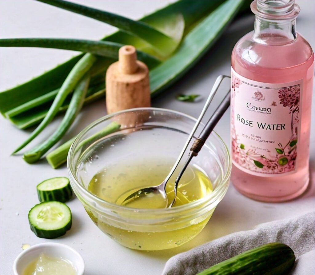 Aloe vera gel, cucumber juice, and rose water combined for a soothing DIY face mask.