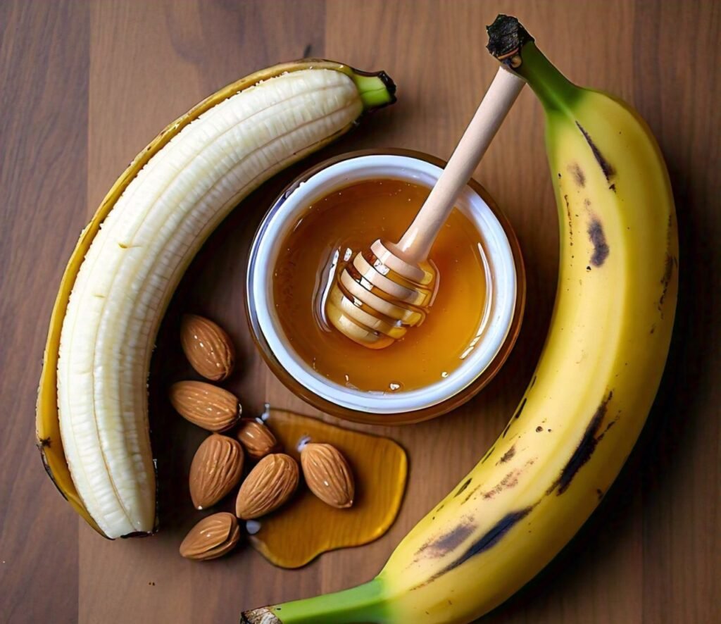 Banana, honey, and almond oil mixed for a nourishing and hydrating DIY face mask.