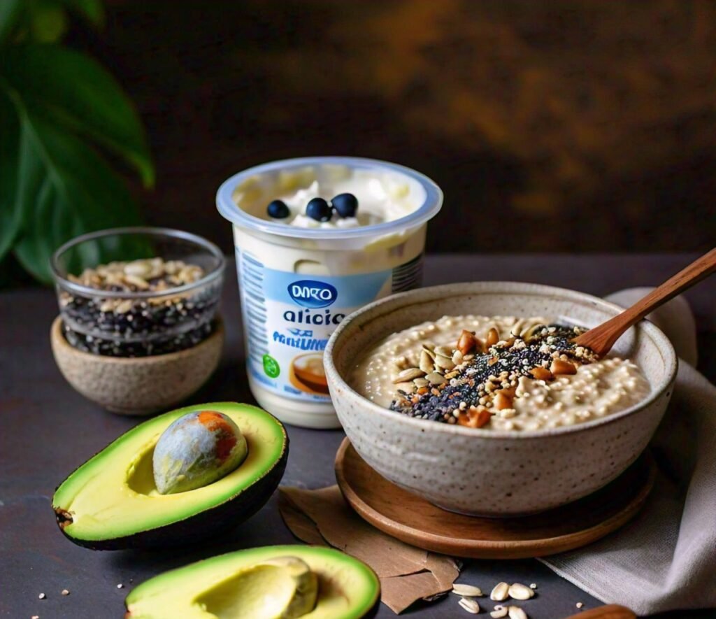 Avocado, oatmeal, and yogurt mixed in a bowl for a DIY hydrating face mask.