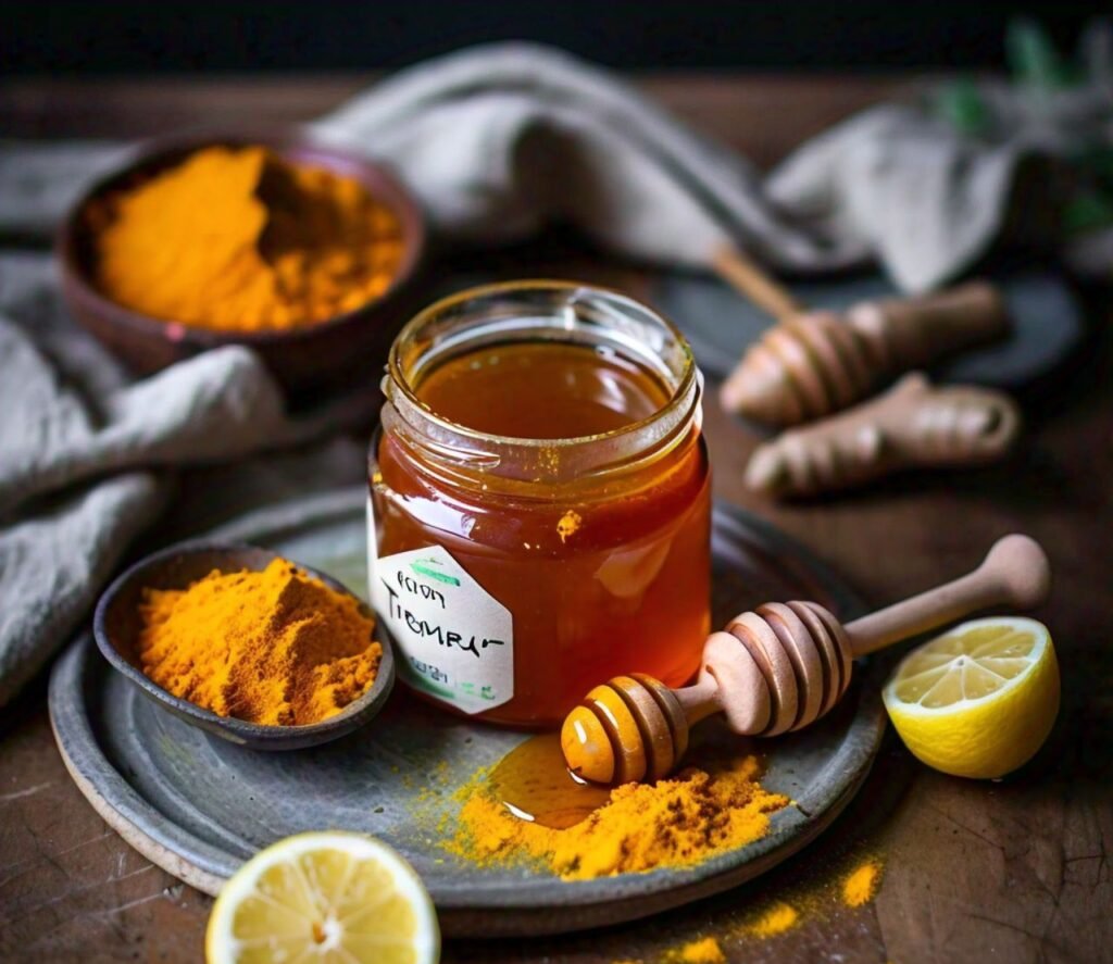 A bowl of raw honey mixed with turmeric and lemon juice for a natural face mask.