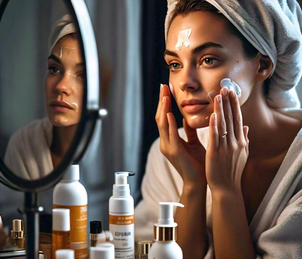 Woman applying tinted moisturizer for a natural makeup look.