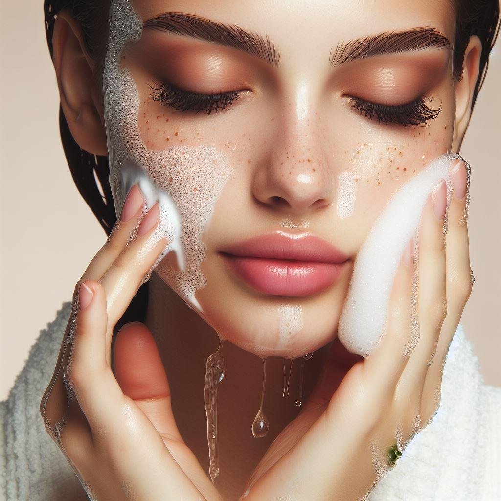 Close-up of a woman applying cream blush to her cheeks.